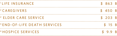 1 Life Insurance–$ 863 B; 2 Caregivers–$ 450 B;3 Elder Care Service–$ 203 B;3 End-of-life Death Services–$ 15 B;4 Hospice Services–$ 9.9 B